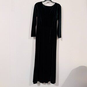 Elegant Green Velvet Dress with cowl drape back and slit, size 14